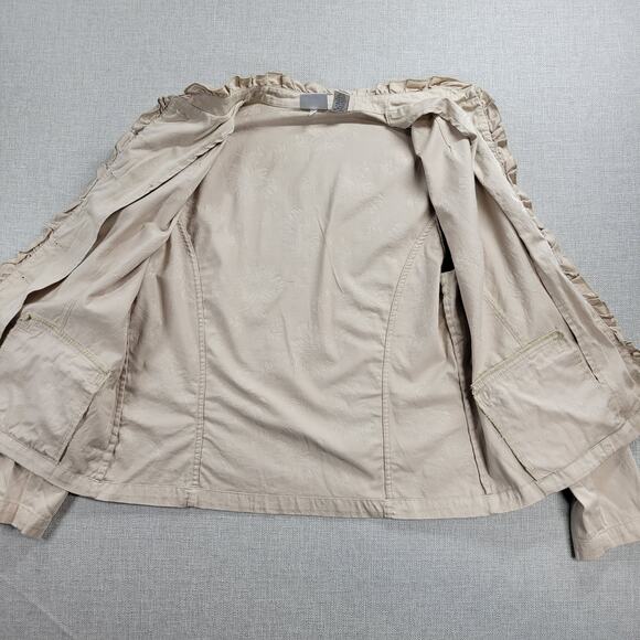Chico's Womens Jacket Size 1 Beige Mock Neck Button Up Ruffled Trim Long Sleeve - Picture 4 of 16